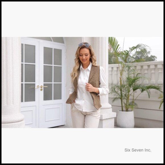 Herringbone Tweed Sleeveless Blazer Vest Lapel V Neck Office Wear - Picture 7 of 7